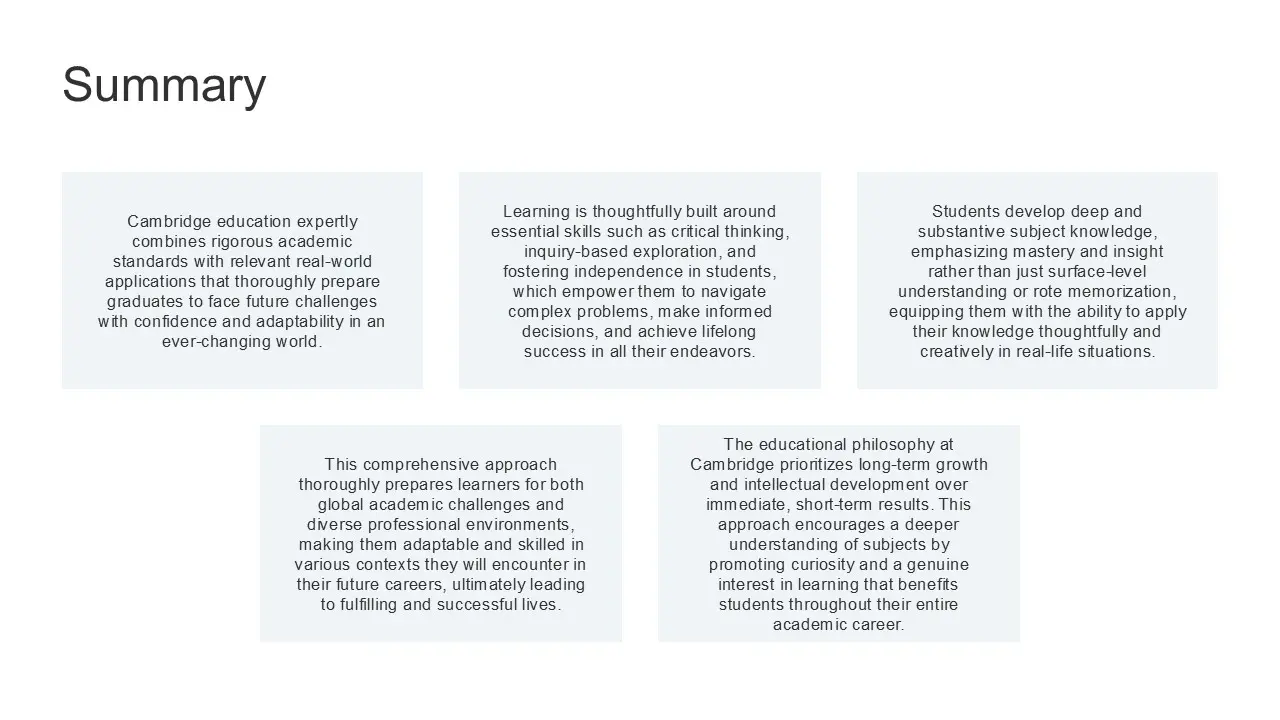 Text slide titled "Summary" with five paragraphs describing Cambridge education's focus on rigorous academic standards, real-world applications, critical thinking, deep subject knowledge, adaptability, lifelong success, and long-term intellectual growth.