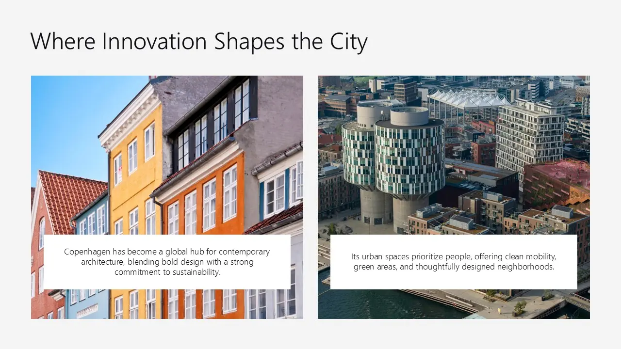 Colorful traditional Danish buildings on the left, modern cylindrical urban architecture on the right.