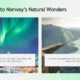 Split image with left showing northern lights over Norwegian fjord town, right displaying mountainous fjord landscape.