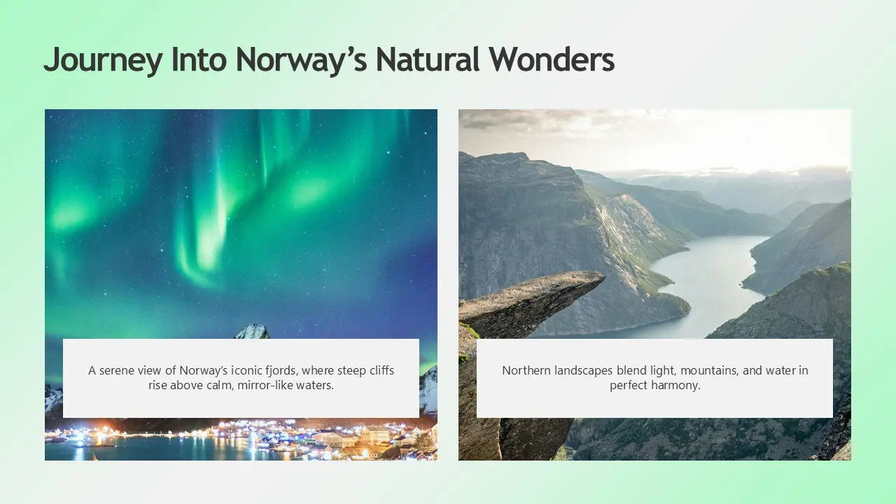Split image with left showing northern lights over Norwegian fjord town, right displaying mountainous fjord landscape.