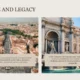 Aerial view of Rome cityscape and ornate classical fountain with statues and inscriptions.