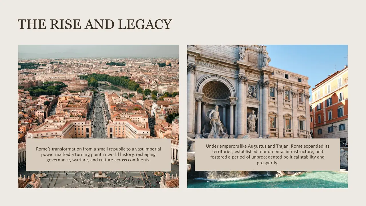 Aerial view of Rome cityscape and ornate classical fountain with statues and inscriptions.