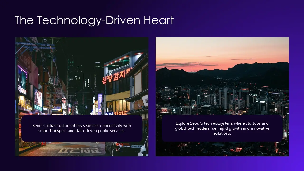 Two images of Seoul at night: a bustling street with neon signs and a city skyline at sunset, accompanied by text about technology and innovation.