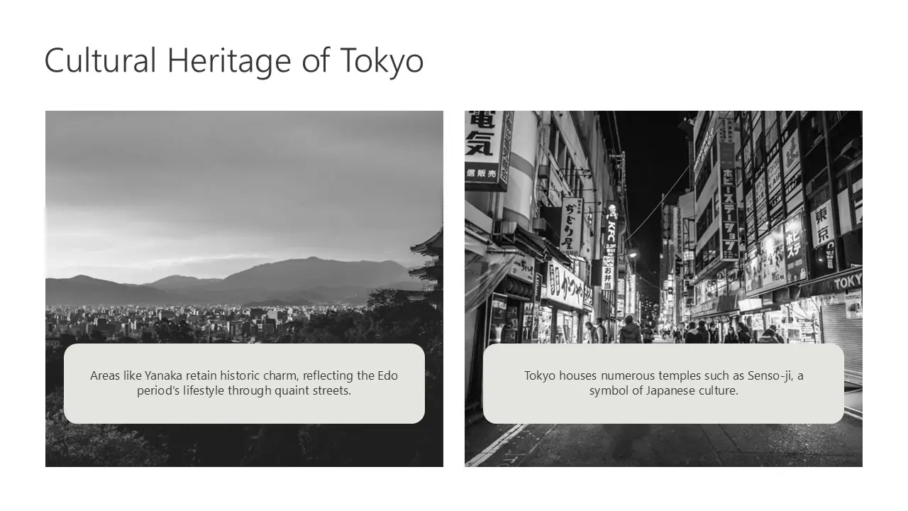 Black and white images of Tokyo cityscape with mountains and busy street scenes.