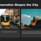 Two side-by-side images: a yellow tram on a city street and a historic domed building under a blue sky.