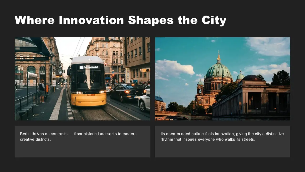 Two side-by-side images: a yellow tram on a city street and a historic domed building under a blue sky.