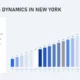 Bar chart titled "Business Dynamics in New York" with numbered vertical bars from 5 to 24 in varying shades of blue and gray.
