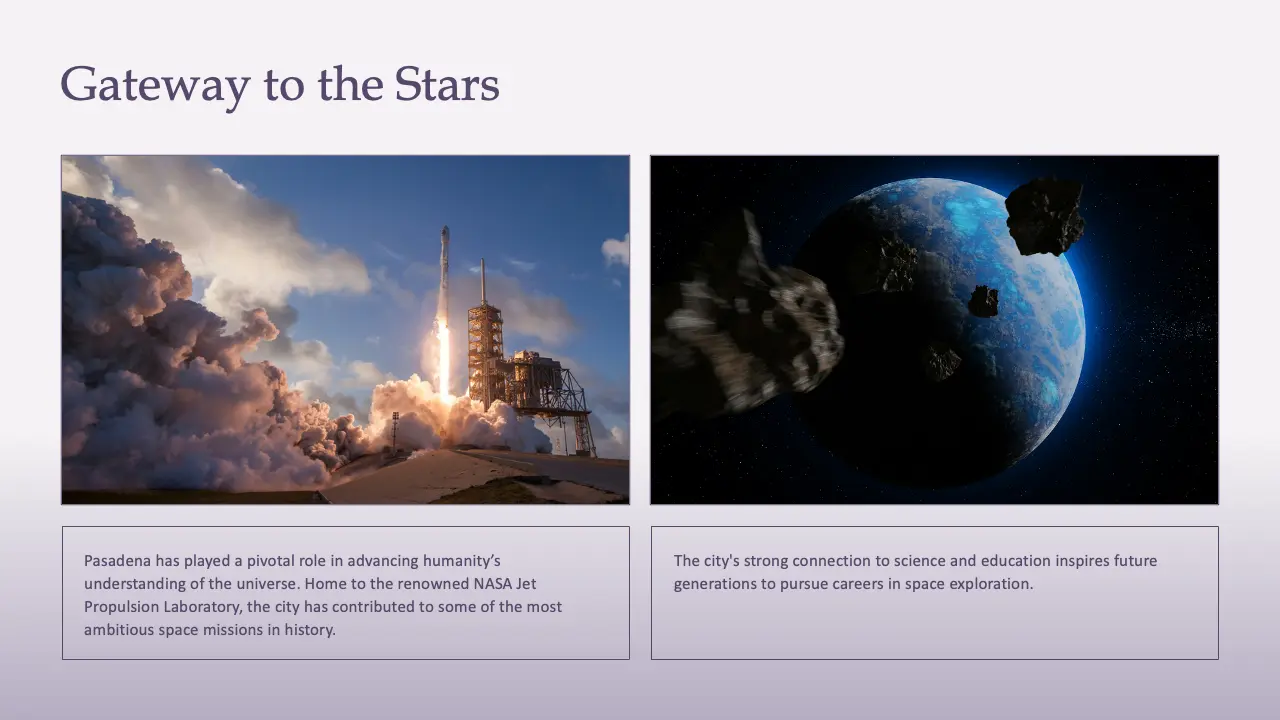 Slide titled "Gateway to the Stars" showing a rocket launch and asteroids near a blue planet.