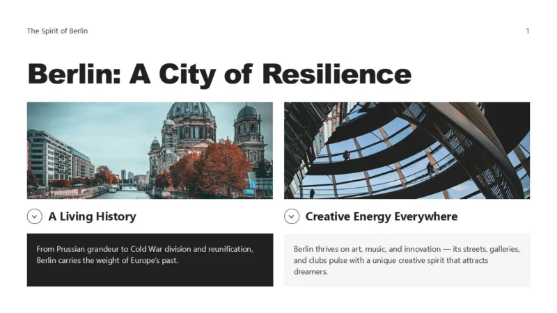 Slide2ColumnsV1-berlin Two images side by side: left, historic Berlin Cathedral by a river with autumn trees; right, modern spiral interior staircase with people walking.
