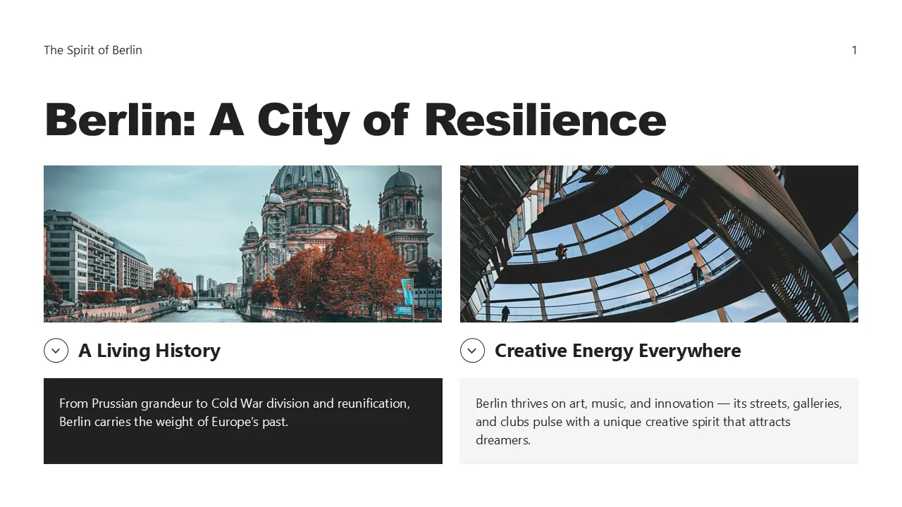 Two images side by side: left, historic Berlin Cathedral by a river with autumn trees; right, modern spiral interior staircase with people walking.
