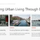 Website section titled "Redefining Urban Living Through Design" with three images: bicycles parked in front of buildings, a crowded boat on a canal with historic architecture, and kayakers on a waterfront with modern buildings.