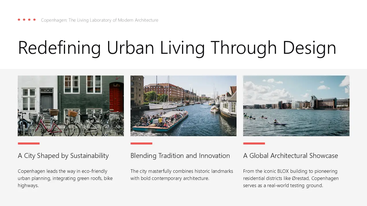Website section titled "Redefining Urban Living Through Design" with three images: bicycles parked in front of buildings, a crowded boat on a canal with historic architecture, and kayakers on a waterfront with modern buildings.