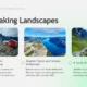 Website section titled "Breathtaking Landscapes" featuring three images of Norwegian fjords and valleys with descriptive text about nature and exploration.