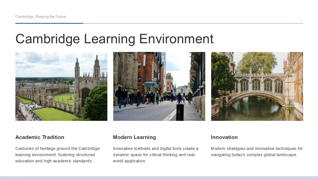 Three images depicting Cambridge: historic college building with green lawn, busy pedestrian street with students, and a stone bridge over a river with trees and adjacent buildings.