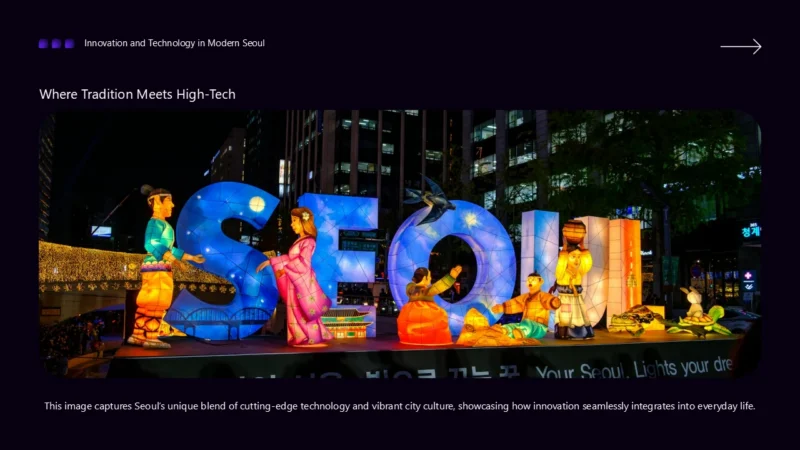 SlideImage1-seoul Illuminated lantern display spelling "SEOUL" with traditional Korean figures and modern city buildings at night.
