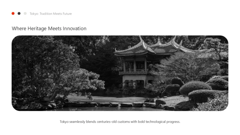SlideImage1-tokyo Black and white image of a traditional Japanese garden with a pagoda-style building and lush foliage.