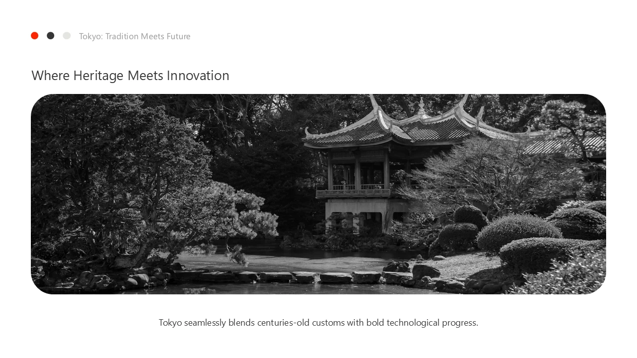 Black and white image of a traditional Japanese garden with a pagoda-style building and lush foliage.
