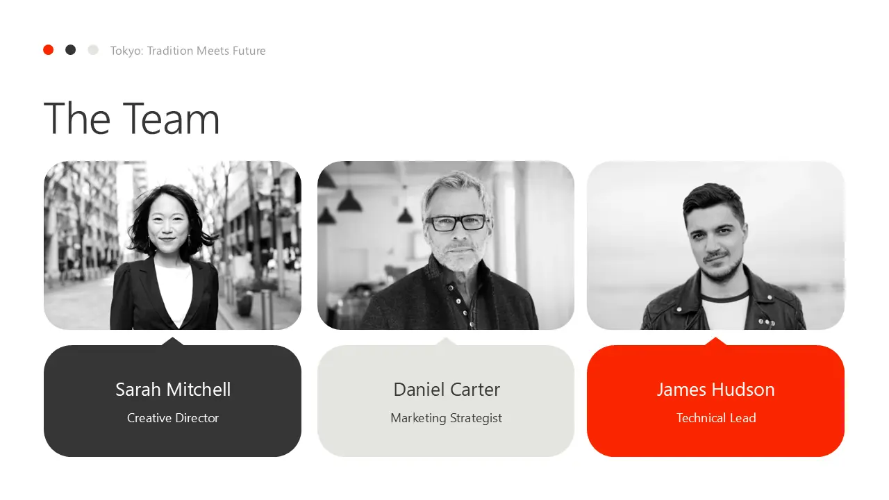 Black and white professional headshots of three team members with names and titles below each photo.