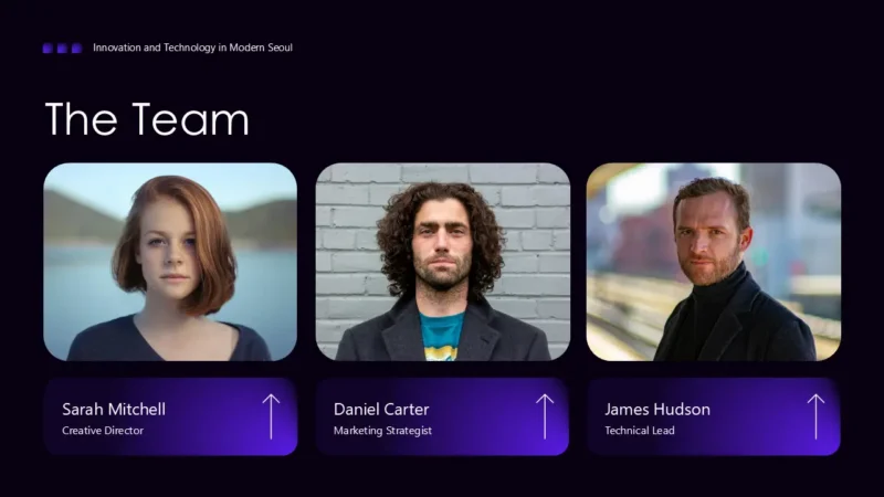 SlideTeamV2-seoul Professional team introduction slide with portraits of Sarah Mitchell, Daniel Carter, and James Hudson against a dark background.