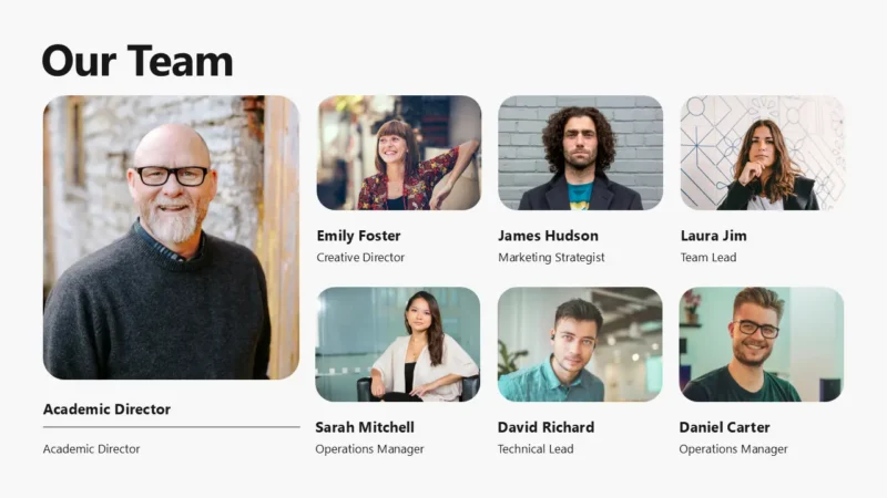 SlideTeamV4-houston Professional team profile images of seven individuals with names and roles, titled "Our Team.