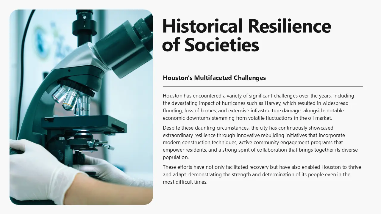 Close-up of gloved hands adjusting a black laboratory microscope beside text about Houston's historical resilience and challenges.