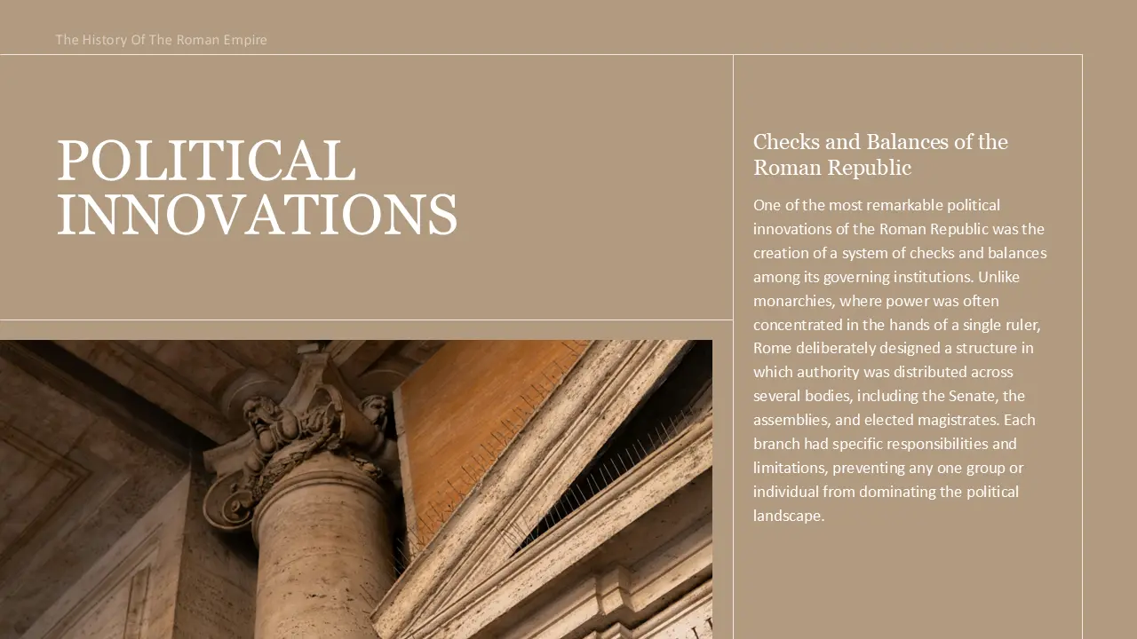 Slide titled "Political Innovations" with beige background, Roman architectural column image, and text about Roman Republic checks and balances.