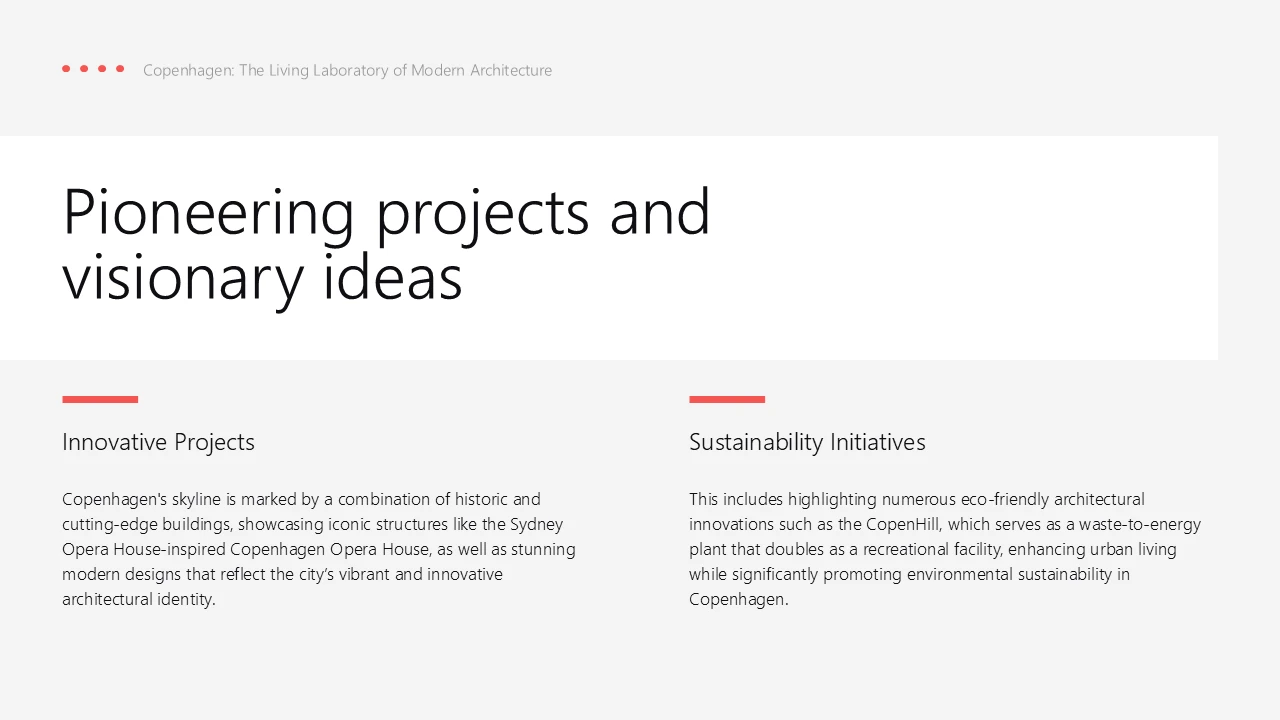 Text slide titled "Pioneering projects and visionary ideas" with sections on Innovative Projects and Sustainability Initiatives in black text on white and gray background.
