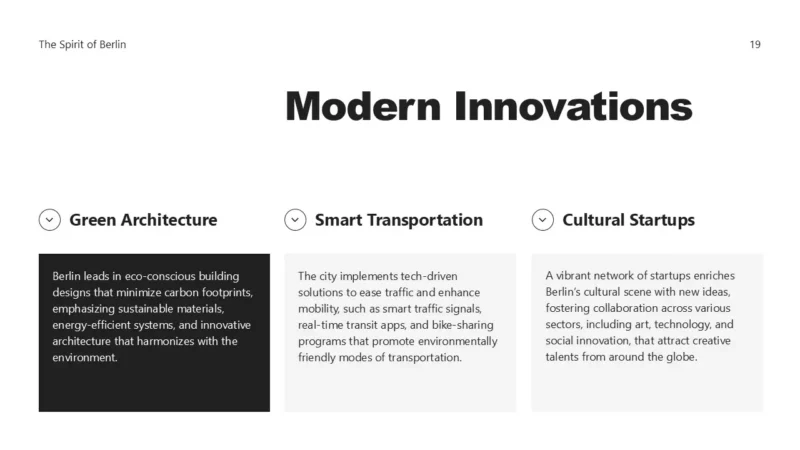 SlideTextbox3V1-berlin Slide titled "Modern Innovations" with sections on Green Architecture, Smart Transportation, and Cultural Startups.