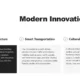 Slide titled "Modern Innovations" with sections on Green Architecture, Smart Transportation, and Cultural Startups.