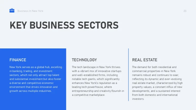 SlideTextbox3V2-new-york Slide titled "Key Business Sectors" with sections on Finance, Technology, and Real Estate in New York.