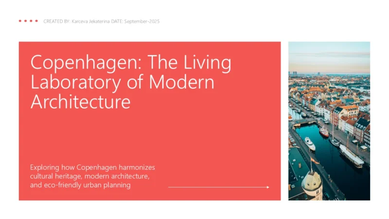SlideTitle-copenhagen Presentation slide titled "Copenhagen: The Living Laboratory of Modern Architecture" with a cityscape photo of Copenhagen featuring colorful buildings along a waterfront canal.