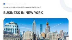 Professional report cover page titled "Business in New York" with a clear blue sky and New York City skyline featuring the Empire State Building.