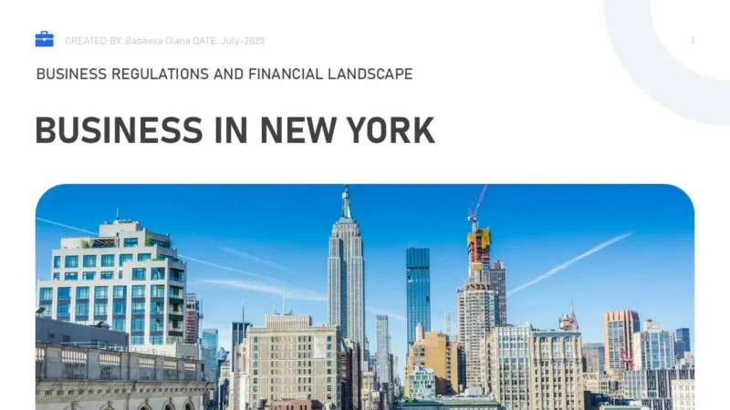 SlideTitle-new-york Professional report cover page titled "Business in New York" with a clear blue sky and New York City skyline featuring the Empire State Building.