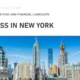 Professional report cover page titled "Business in New York" with a clear blue sky and New York City skyline featuring the Empire State Building.