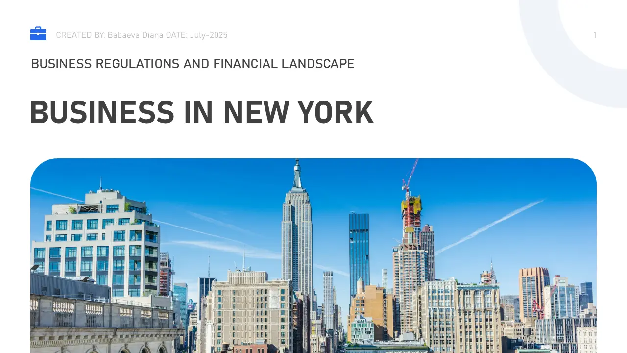 Professional report cover page titled "Business in New York" with a clear blue sky and New York City skyline featuring the Empire State Building.