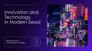 Nighttime street scene in Seoul with colorful neon signs, pedestrians, and wet pavement.