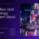 Nighttime street scene in Seoul with colorful neon signs, pedestrians, and wet pavement.