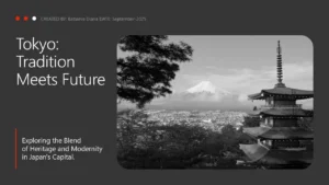 Black and white photograph of Mount Fuji with a traditional Japanese pagoda and cityscape in the foreground.