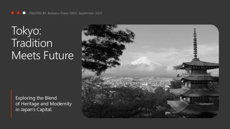 SlideTitle-tokyo Black and white photograph of Mount Fuji with a traditional Japanese pagoda and cityscape in the foreground.