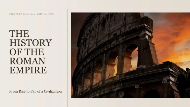 SlideTitleV2-rome Cover slide titled "The History of the Roman Empire" with Colosseum ruins against an orange sunset.