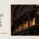 Cover slide titled "The History of the Roman Empire" with Colosseum ruins against an orange sunset.