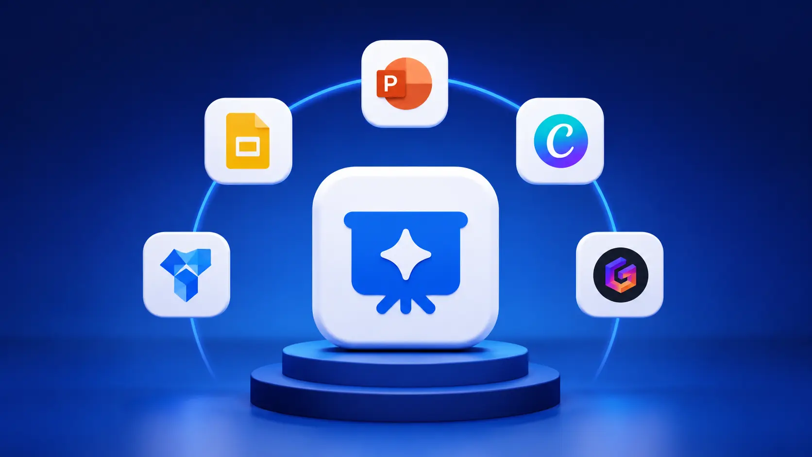 Blue-themed digital graphic featuring presentation and design software icons arranged around a central blue and white projection screen icon.