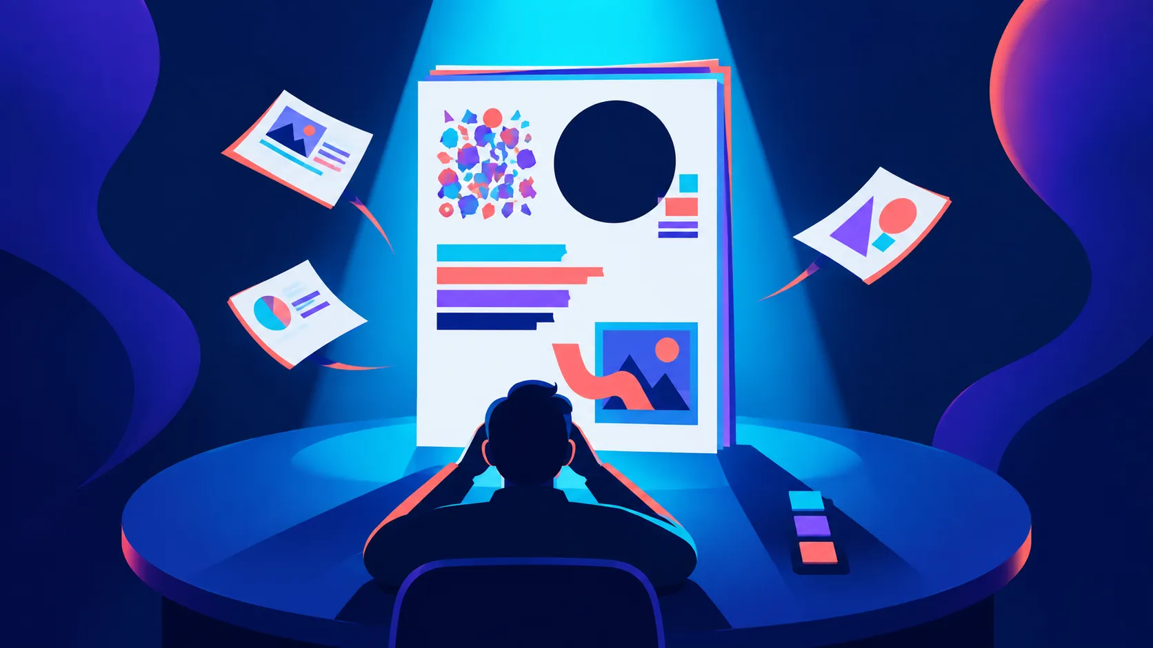 Person sitting at a desk reviewing colorful charts and infographics illuminated by blue light.