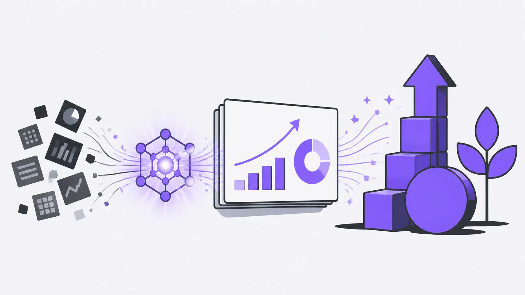 Illustration of data transformation into charts, growth symbols, and a plant, in purple tones.