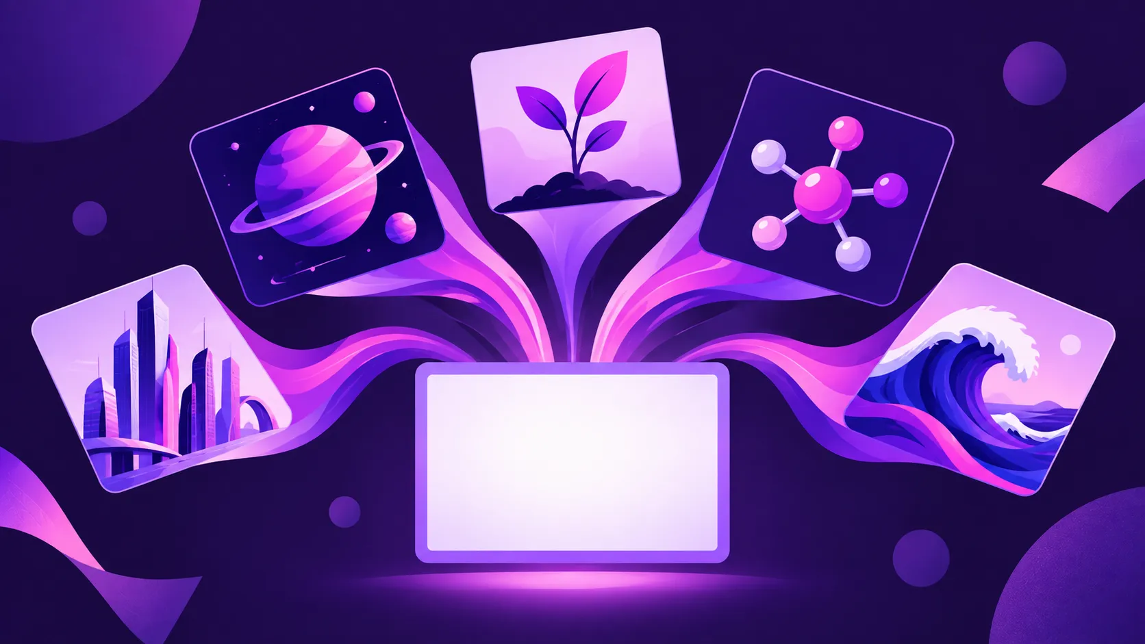 Illustration of a glowing tablet with purple streams connecting to icons of a city, planet, plant, molecule, and ocean wave.
