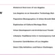Slide titled "Agenda Overview" listing topics including Los Angeles history, technology hub, demographics, cultural heritage, urban development, arts, economy, and smart city initiatives.