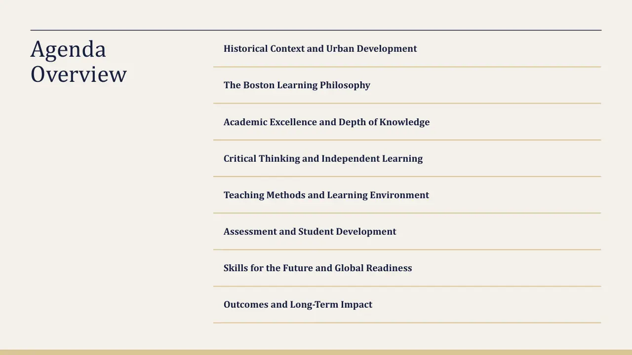 Slide titled "Agenda Overview" with nine agenda items listed in dark blue text on a beige background.