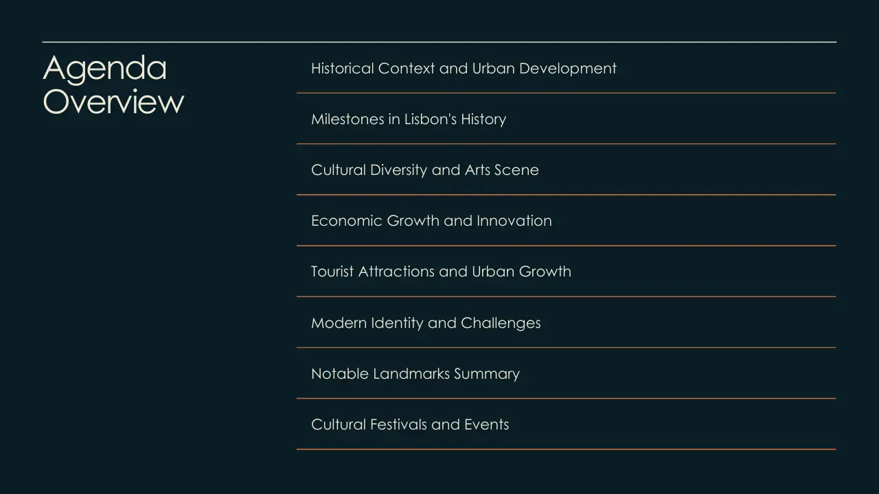 Agenda overview slide with topics on Lisbon's history, culture, economy, tourism, and urban development.