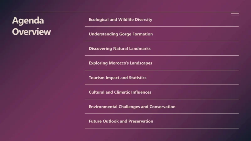 agenda-list-marrakech Agenda overview slide with purple gradient background listing eight topics on ecological and cultural aspects.