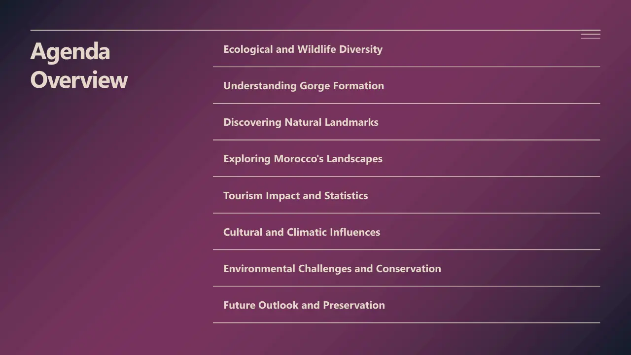 Agenda overview slide with purple gradient background listing eight topics on ecological and cultural aspects.
